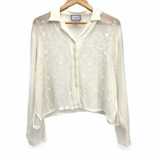 APRIL CORNELL VTG Fairycore Floral Embroidered Sheer‎ Ivory Buttoned Blouse M